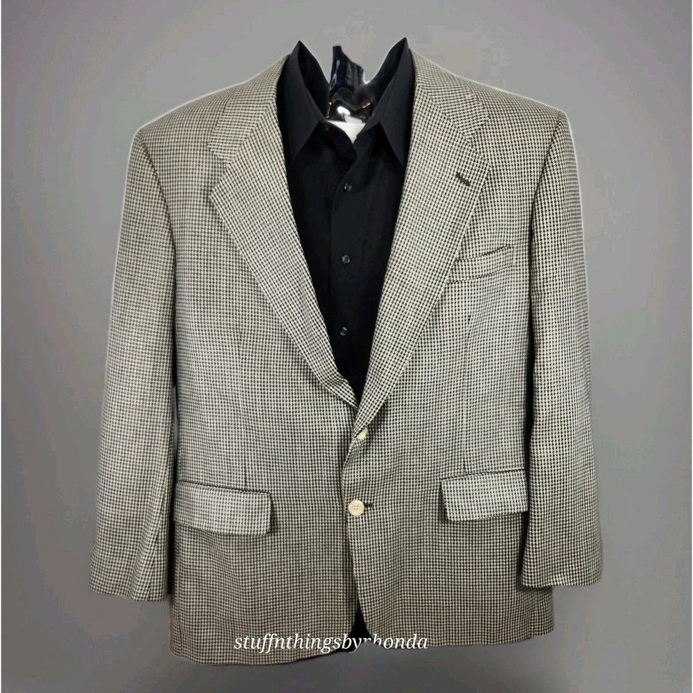 VTG 100% Silk Ivory, Black And Tan Houndstooth 2 Button Blazer Sport Coat Jacket